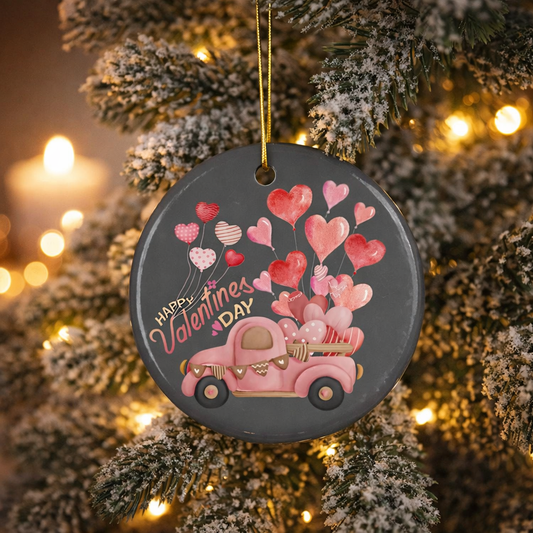 Double-sided glossy ceramic Christmas ornament on tree