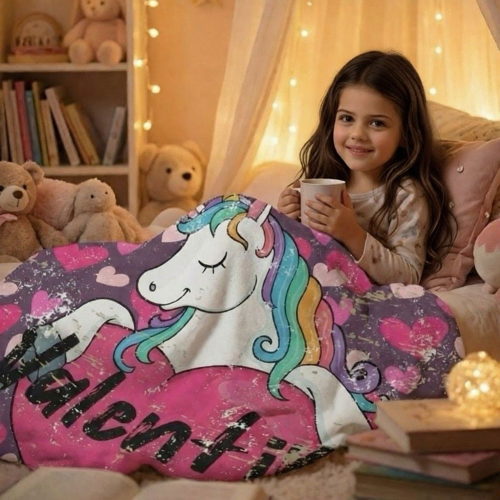 Valentine’s Sherpa Fleece Blanket | Purple Unicorn with Pink Hearts Cozy Plush Throw by Subbin4Sanity