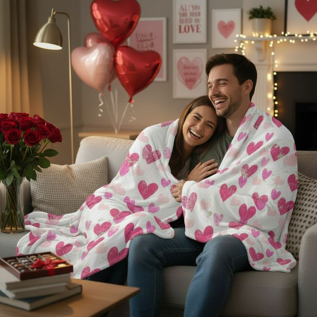 White Valentine’s sherpa fleece blanket with pink distressed heart pattern