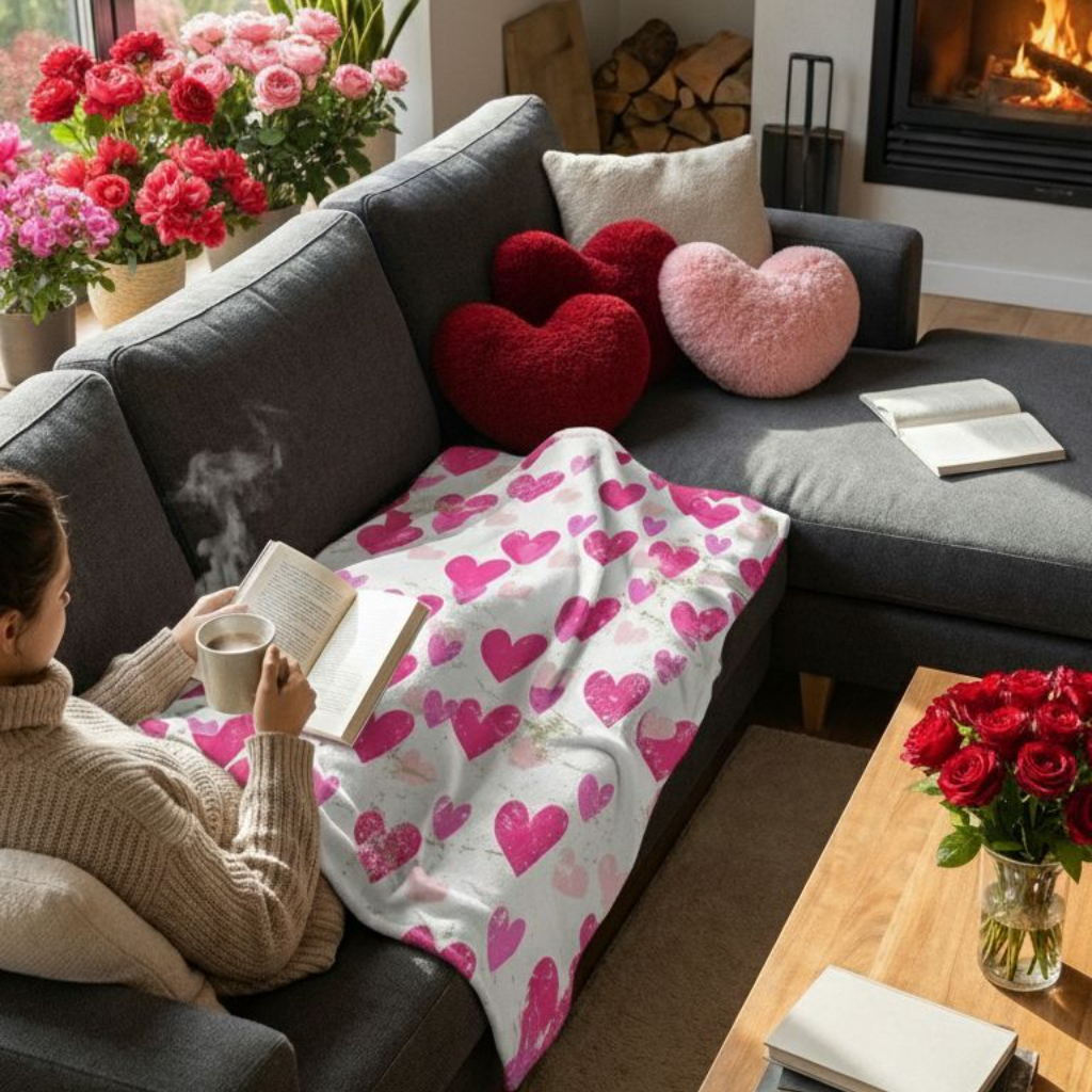 White Valentine’s sherpa fleece blanket with pink distressed heart pattern