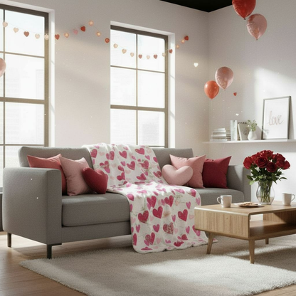 White Valentine’s sherpa fleece blanket with pink distressed heart pattern