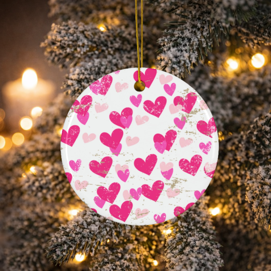 white Valentine ceramic ornament with pink hearts pattern double sided glossy
