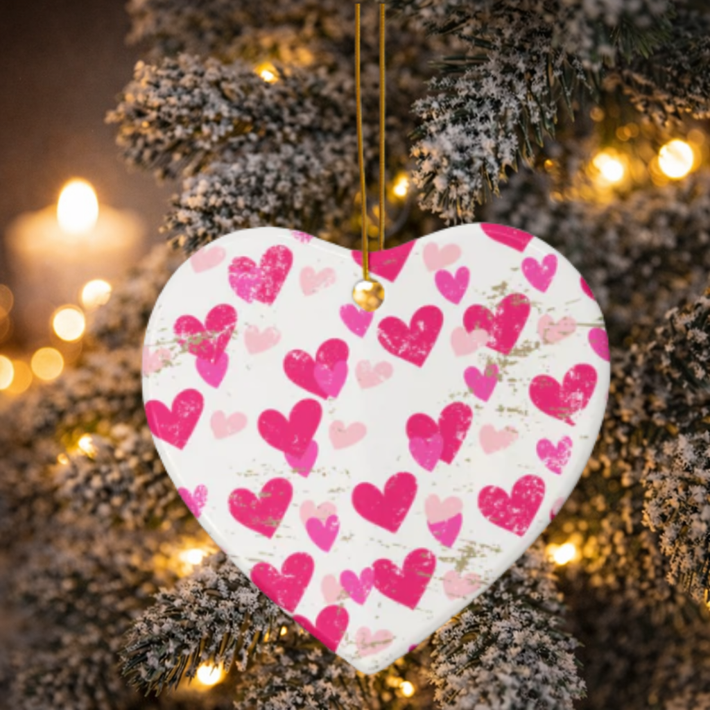 white Valentine ceramic ornament with pink hearts pattern double sided glossy