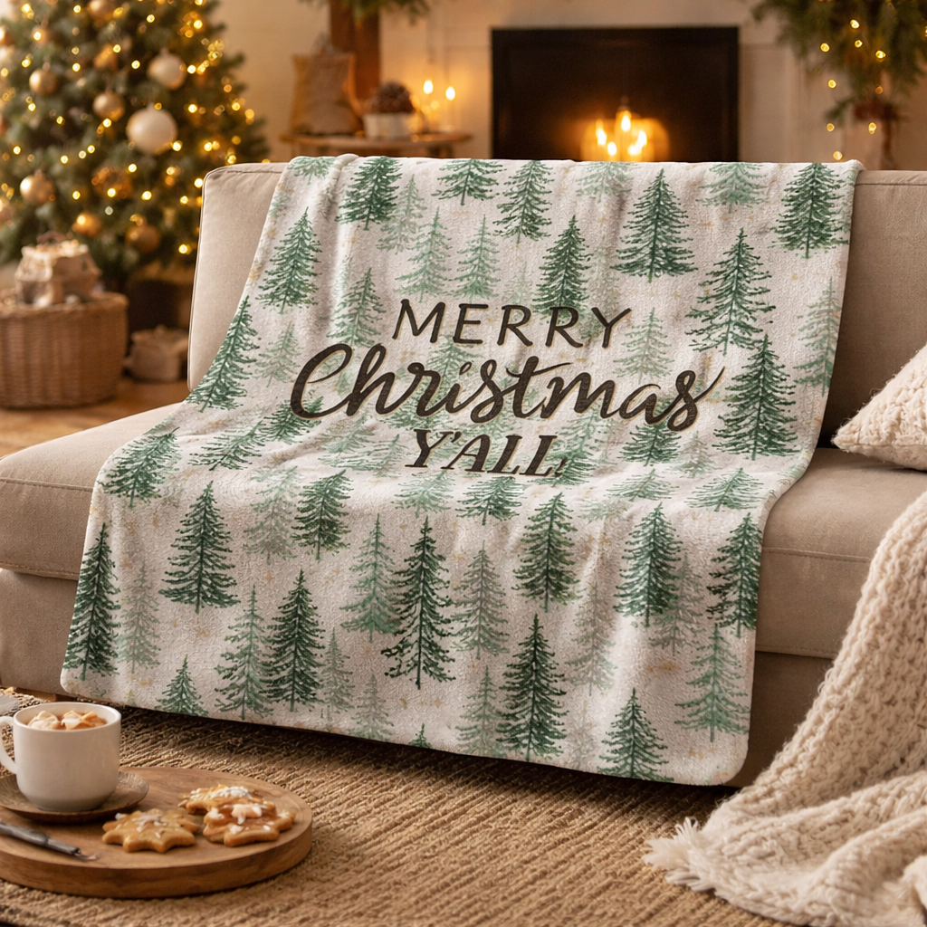 Christmas Sherpa Fleece Blanket | Merry Christmas Y’all Tree Pattern Throw