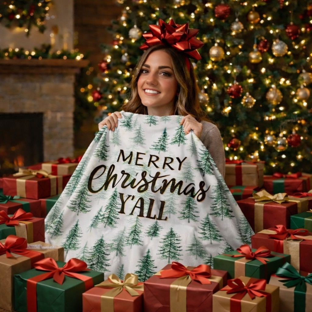Christmas Sherpa Fleece Blanket | Merry Christmas Y’all Tree Pattern Throw