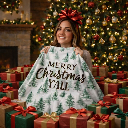 Christmas Sherpa Fleece Blanket | Merry Christmas Y’all Tree Pattern Throw