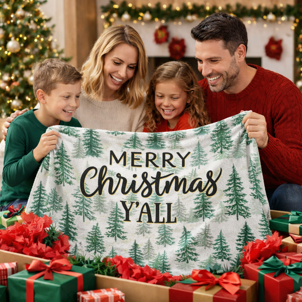 Christmas Sherpa Fleece Blanket | Merry Christmas Y’all Tree Pattern Throw
