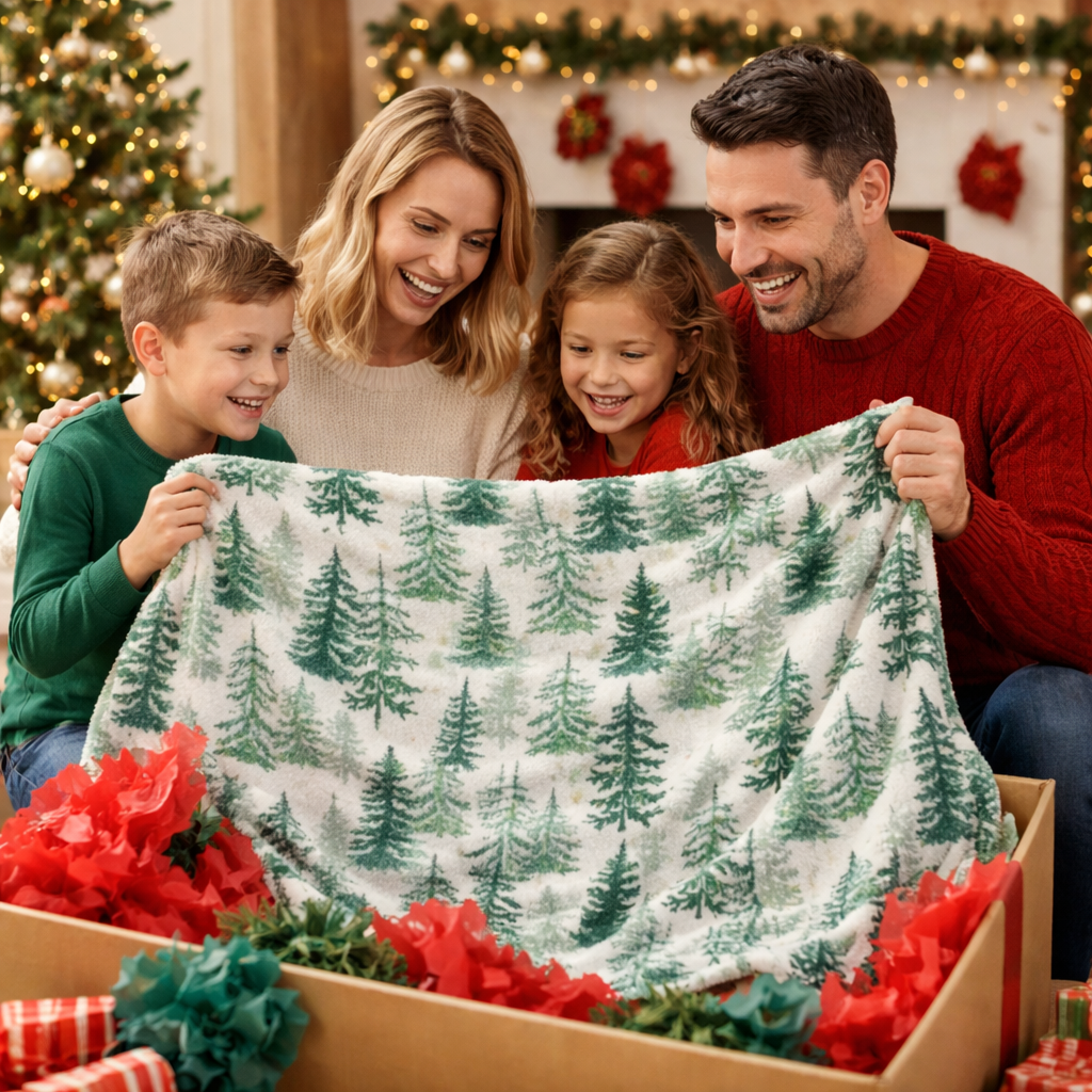 White Christmas sherpa fleece blanket with Christmas tree pattern