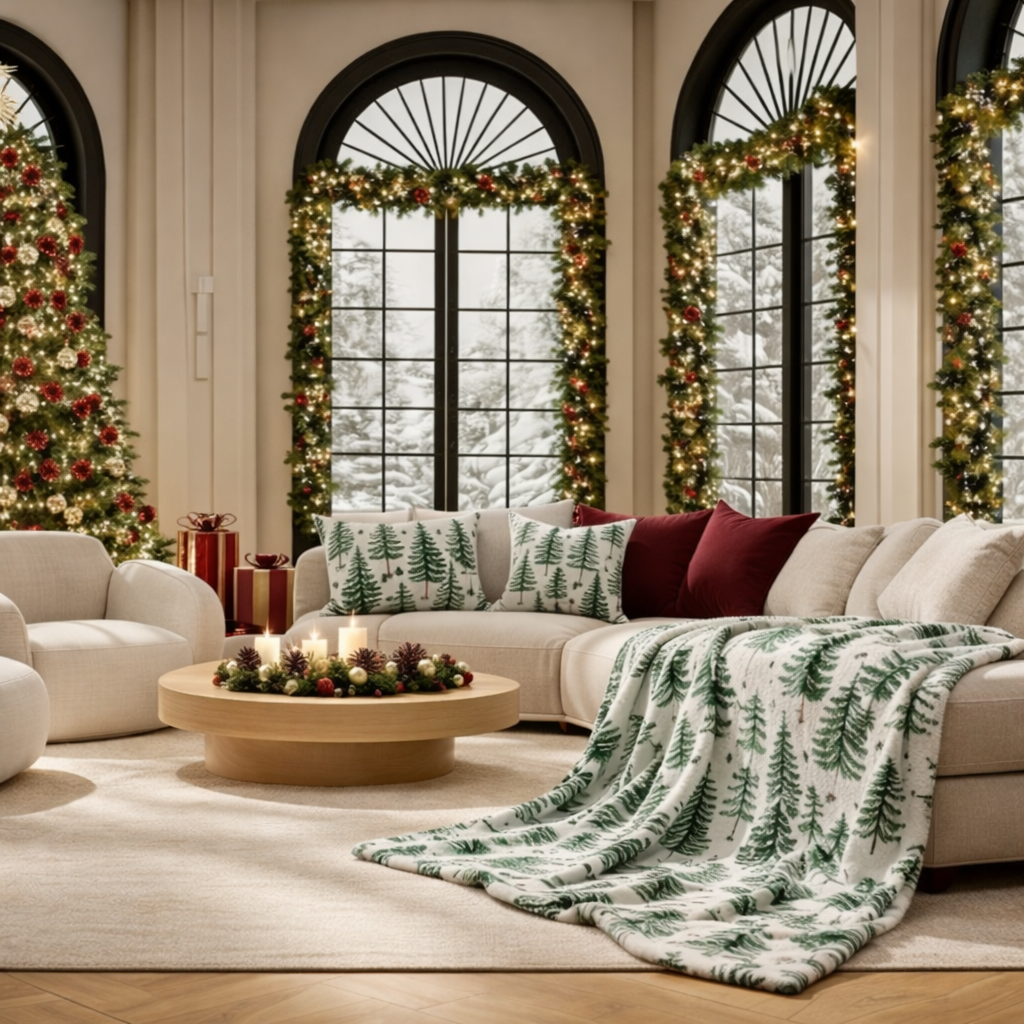 White Christmas sherpa fleece blanket with Christmas tree pattern