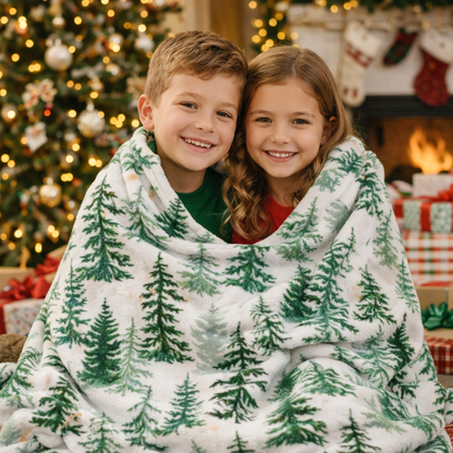 White Christmas sherpa fleece blanket with Christmas tree pattern