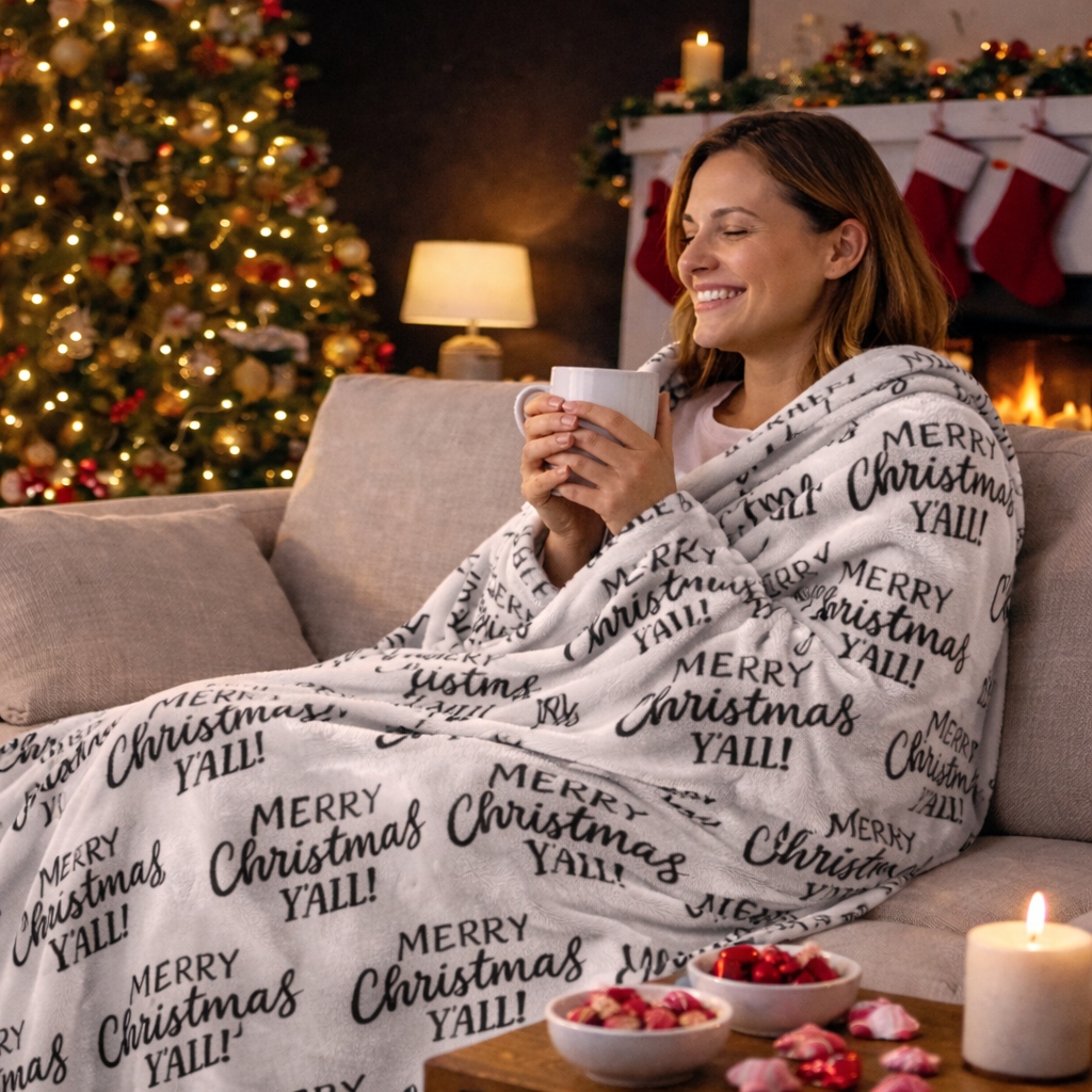 White Christmas sherpa fleece blanket with Merry Christmas Y’all pattern