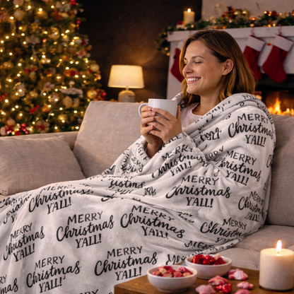 White Christmas sherpa fleece blanket with Merry Christmas Y’all pattern