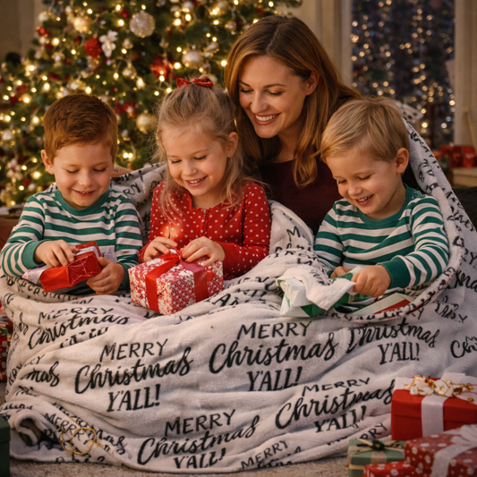 White Christmas sherpa fleece blanket with Merry Christmas Y’all pattern
