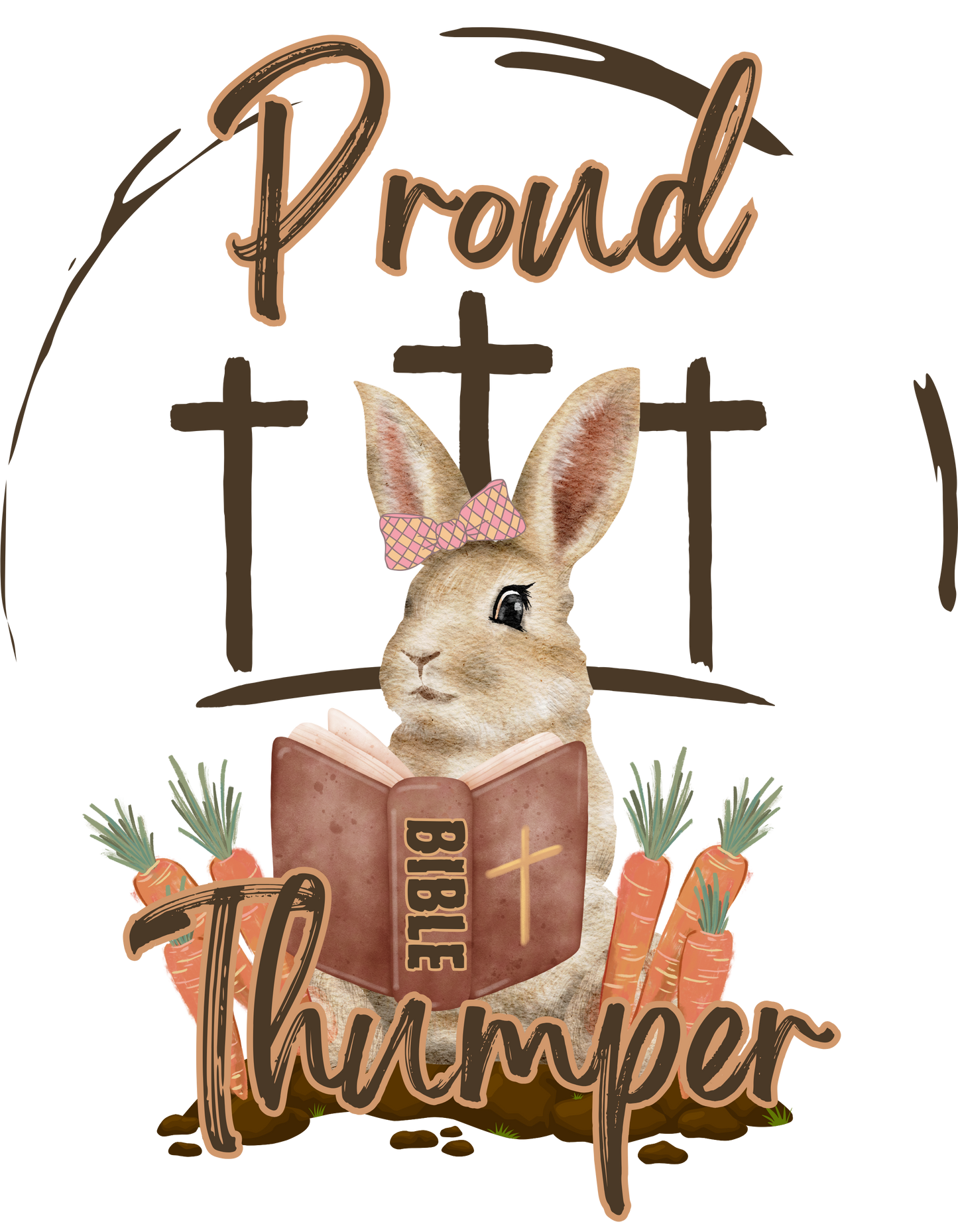 Funny Christian sublimation design featuring a bunny holding a Bible with the words “Bible Thumper” in bold print, perfect for t-shirts, mugs, tumblers, stickers, and canvas prints.
