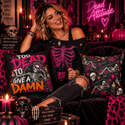 Too Dead To Give A Damn Double-Sided Pillowcase & Insert | Gothic Halloween Decor by Subbin4Sanity