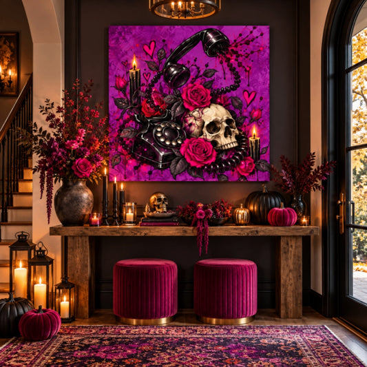 Karma’s Calling Halloween Canvas | Gothic Skull, Roses & Vintage Phone Wall Art by Subbin4Sanity